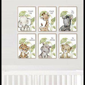 Nursery Decor Africa Leaf Quote Baby Animals Hippo Giraffe Zebra Prints Set of 6
